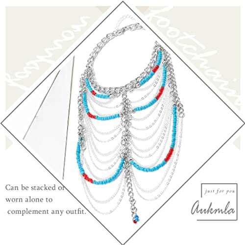 Boho warstwowa bransoletka na kostkę, wielowarstwowa frędzle, koraliki - obrazek 6