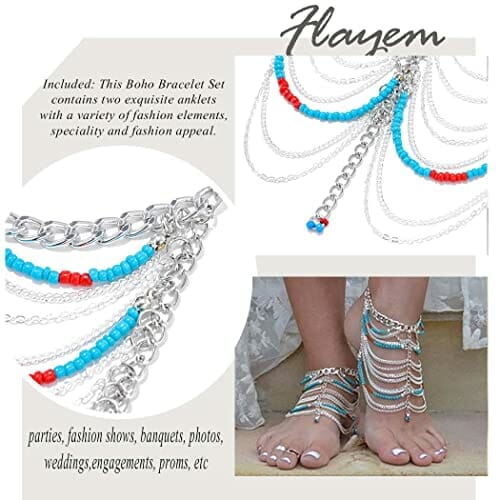 Boho warstwowa bransoletka na kostkę, wielowarstwowa frędzle, koraliki - obrazek 5