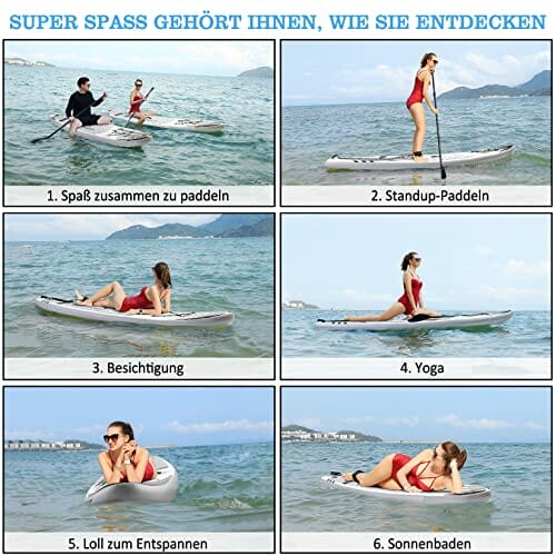 Nadmuchiwana deska Stand Up Paddle, zestaw iSUP z kompletnymi akcesoriami i plecakiem, szeroka, antypoślizgowa, duża płetwa, regulowane wiosło, linka, pompka ręczna, dla młodzieży i dorosłych - obrazek 5