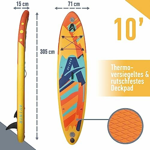 Aviner SUP Nadmuchiwana Deska do paddleboardingu, 150KG Max/ 305×71×15cm, Stand up Paddle Board, Dmuchana Lekka, z Pompką Regulowanym Wiosłem, Pomarańczowy - obrazek 7