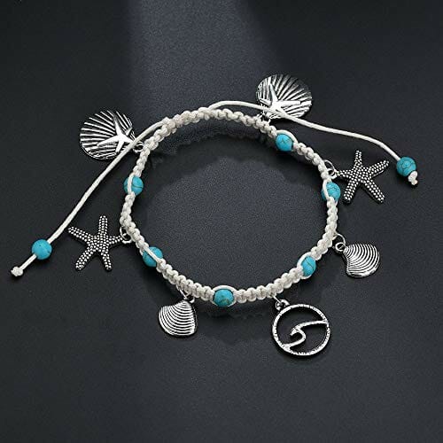 Liitata Boho Fußkettchen Türkis Fußkettchen Handgemacht Geflochten Fußbändchen Muscheln Seestern Welle Knöchel Armband Verstellbare Sommer Hawaii Strand Fußschmuck für Frauen Mädchen - obrazek 4
