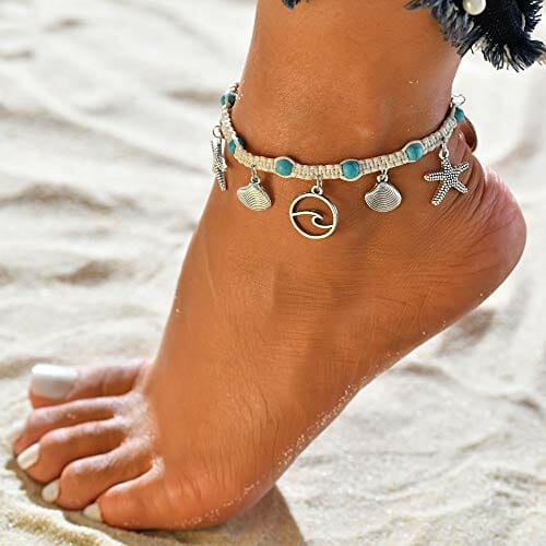 Liitata Boho Fußkettchen Türkis Fußkettchen Handgemacht Geflochten Fußbändchen Muscheln Seestern Welle Knöchel Armband Verstellbare Sommer Hawaii Strand Fußschmuck für Frauen Mädchen - obrazek 6