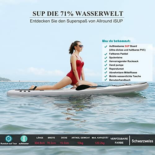 Nadmuchiwana deska Stand Up Paddle, zestaw iSUP z kompletnymi akcesoriami i plecakiem, szeroka, antypoślizgowa, duża płetwa, regulowane wiosło, linka, pompka ręczna, dla młodzieży i dorosłych - obrazek 6