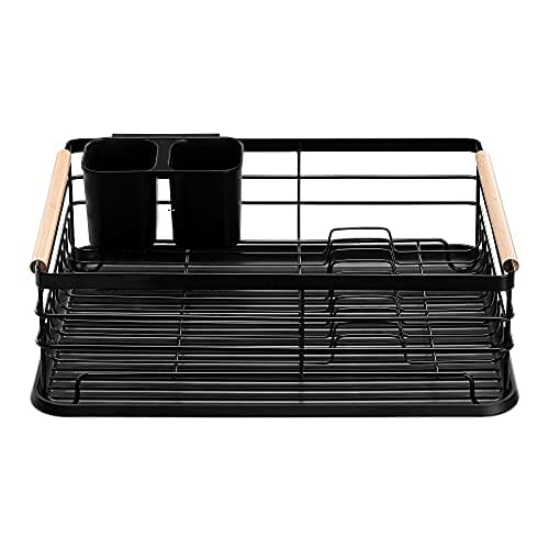 Navaris - Nowoczesna suszarka do naczyń z drewnianymi uchwytami - Czarna taca ociekowa w stylu retro - obrazek 2