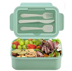 Divons Pudełko na lunch dla dorosłych/dzieci z przegródkami, 1400 ml, Bento Box z 3 przegródkami, pudełko na lunch do przedszkola, pudełko śniadaniowe ze sztućcami do szkoły/pracy / piknik (zielone)