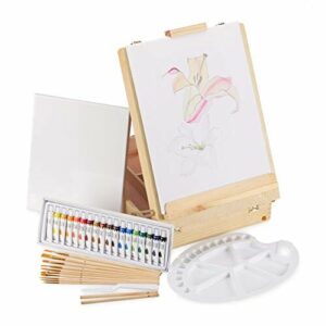 Relaxdays Walizka malarska - 36-częściowy zestaw do malowania z drewna, sztaluga stołowa, farby akrylowe, płótno, pisaki - Kolor naturalny, 13,5 x 32,5 x 45 cm