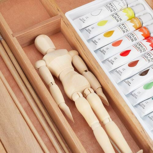 Walizka malarska z 22-częściowym zestawem do malowania drewna - manekin, paleta, pędzel, sztaluga, płótno i farby akrylowe | Relaxdays - obrazek 2