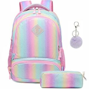 Plecak dziewczęcy szkolny tęczowy brokatowy - zestaw toreb dla nastolatków