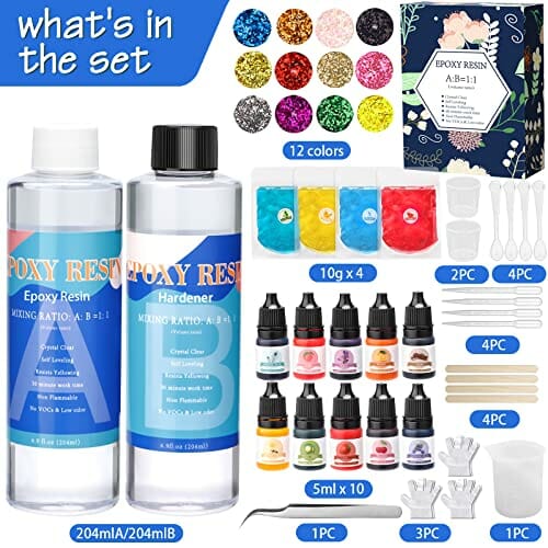 Zestaw do odlewania żywicy epoksydowej dla początkujących - 400 ml, proporcja 1:1, przezroczysta żywica epoksydowa z farbami, brokatem, do produkcji biżuterii i breloczków do kluczy | MULEVIP - obrazek 13
