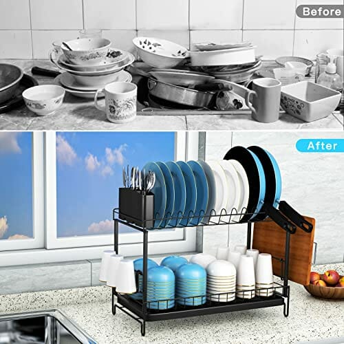 UNIDEAL Ociekacz do naczyń - 2-stopniowy, z tacką ociekową i koszem na sztućce - Czarny - obrazek 3