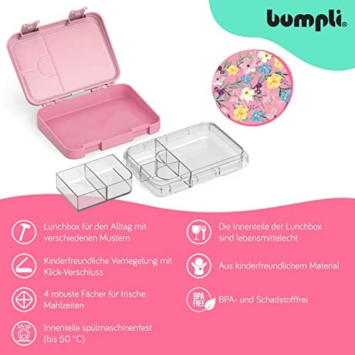 Bumpli Pudełko śniadaniowe dla dzieci z przegródkami – przyjazna dla dzieci blokada z zamknięciem na zatrzask – pudełko na lunch do przedszkola, szkoły, na wycieczki - obrazek 4