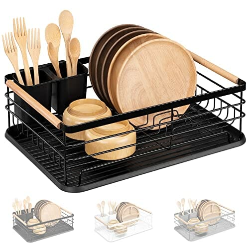 Navaris - Nowoczesna suszarka do naczyń z drewnianymi uchwytami - Czarna taca ociekowa w stylu retro