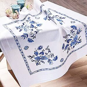 Zestaw do haftowania KWIATY PRZED W NIEBIESKIM - obrus 80x80 cm, ścieg napinany, ścieg płaski, 100% bawełna