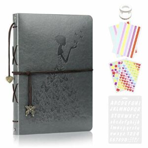 Philorn Skórzany album na zdjęcia - 60 czarnych stron, album do scrapbookingu, księga gości weselnych, z naklejkami i szablonem do kolorowania | 30x20 cm, A4