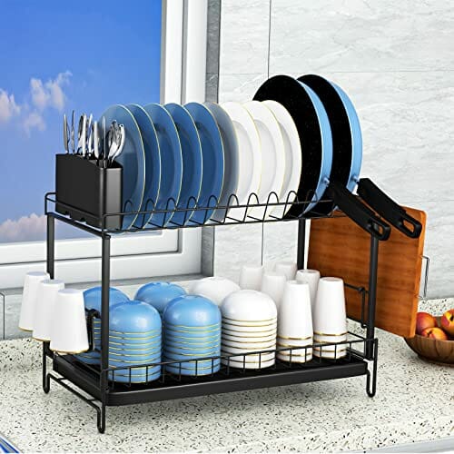 UNIDEAL Ociekacz do naczyń - 2-stopniowy, z tacką ociekową i koszem na sztućce - Czarny - obrazek 2