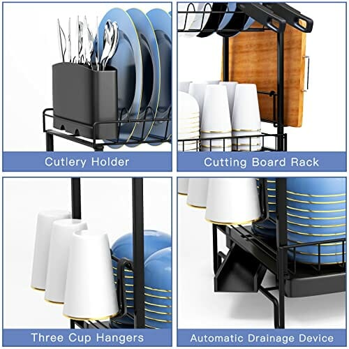 UNIDEAL Ociekacz do naczyń - 2-stopniowy, z tacką ociekową i koszem na sztućce - Czarny - obrazek 5