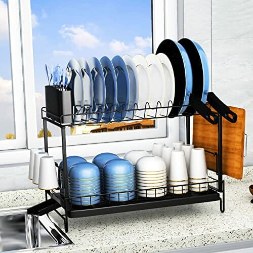 UNIDEAL Ociekacz do naczyń - 2-stopniowy, z tacką ociekową i koszem na sztućce - Czarny - obrazek 4