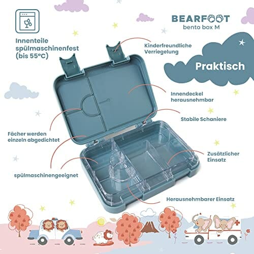 BEARFOOT Bento Box M dla dzieci, niebieski - Fire Bunny, 2 przegródki, - obrazek 4