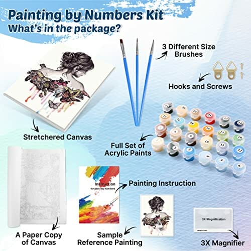 WISKALON - Drewniane ramki do malowania według numerów dla dorosłych i dzieci - zestaw do samodzielnego malowania według numerów - na płótnie z lupą 3-krotną, farbami akrylowymi i pędzlami - Beauty Girl - obrazek 7