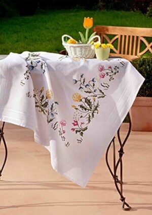 Zestaw do haftowania dekoracyjna łąka kwiatowa - obrus 80x80 cm, ścieg krzyżykowy, bawełna, szablon