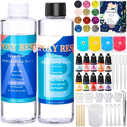 Zestaw do odlewania żywicy epoksydowej dla początkujących - 400 ml, proporcja 1:1, przezroczysta żywica epoksydowa z farbami, brokatem, do produkcji biżuterii i breloczków do kluczy | MULEVIP