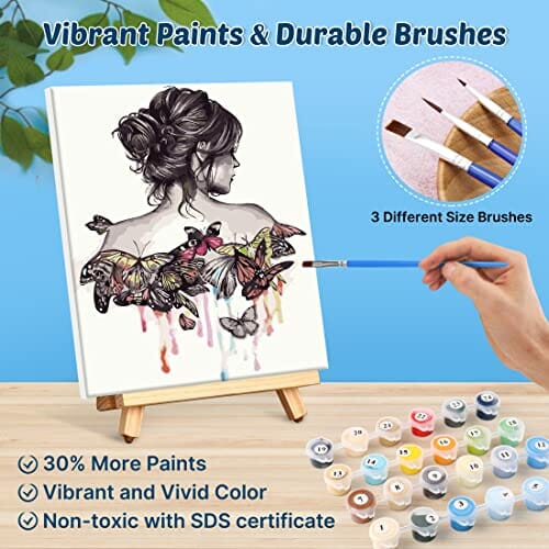 WISKALON - Drewniane ramki do malowania według numerów dla dorosłych i dzieci - zestaw do samodzielnego malowania według numerów - na płótnie z lupą 3-krotną, farbami akrylowymi i pędzlami - Beauty Girl - obrazek 6