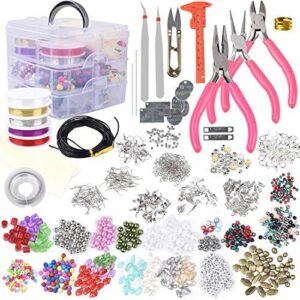 Zestaw przyborów do wyrobu biżuterii, 1200 kolczyków i narzędzi naprawczych z różnymi koralikami, charmsami, drutem koralikowym i sznurkiem, szczypcami, suwmiarką i etui do przechowywania naszyjnika, bransoletki, robienia kolczyków