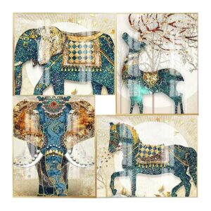DCIDBEI 30x40CM 4 Pack Diamond Painting Animal - Złoty Niebieski, Koń Jeleń - Cross Stitch Diamenty Okrągły Słoń Luksusowy Lekki Słoń - Dorywczo Zestaw Oryginalny Prezent Do Domu Salon Dekoracji Rzemiosło
