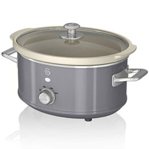 Swan Retro SF17021GRNEU Wolnostojący garnek 3,5 l Wymienny pojemnik, Non-stick Darmowe ceramiczne PFOA i PTFE, 3 poziomy Temperatura, Szklana pokrywa, Slow Cooker, Vintage Design, Szary, 200W