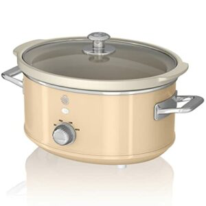 Swan Retro SF17021CNEU Wolny garnek 3,5L Pojemnik Wyjmowany, Nieprzywierający Ceramika Wolna PFOA i PTFE, 3 Poziomy Temperatura, Pokrywka Szkło, Powolny Cooker, Wzór Vintage, Krem, 200W