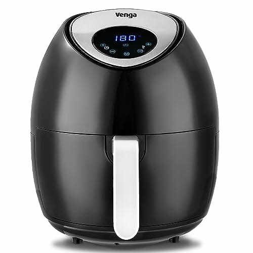 Venga! Heißluft Fritteuse, 4,5 Liter, mit digitalem Timer und regelbarer Temperatur (80-200°C), 7 voreingestellte Menüs, 1 500 W, Schwarz, VG AFT 3006