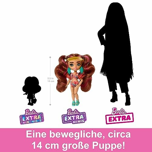 BARBIE Extra Minis - Reisepuppe mit tropischem Badeanzug, Sarong und Accessoires wie Surfbrett-Tasche, Muschel-Sonnenbrille und Palmenblätterohrringen, für Kinder ab 6 Jahren, HPB18 - obrazek 2