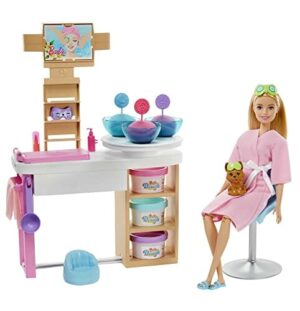 Zestaw do Zabawy z Lalką Barbie GJR84: Salon Spa, Maseczka, Masa Plastyczna, 10+ Akcesoriów, 3+ Lat