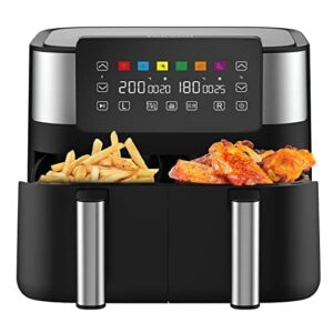 joyami Heißluftfritteuse 7,6L doppelte antihafte Fächer Air Fryer 6 Programmen, 100+ Kostenlose Rezepte, digital LED-Touchscreen, BPA Frei 2850W