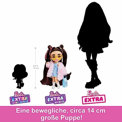 Barbie Extra Mała lalka z brązowymi włosami, dżinsową sukienką i płasz - obrazek 2