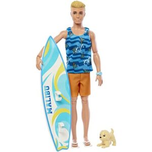 Barbie Ken Surfer Lalka plażowa (blondyn) z deską surfingową i pieskie