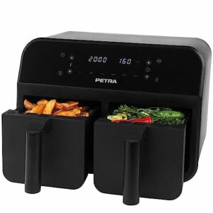 Petra PT4750BLKVDE Heißluft-Fritteuse, XXL 7,4L, 2400W Fritteuse mit 2 herausnehmbaren Frittierkörben mit Antihaftbeschichtung, 6 Kochfunktionen mit Sync & Match, 3,7 l pro Schublade, Schwarz