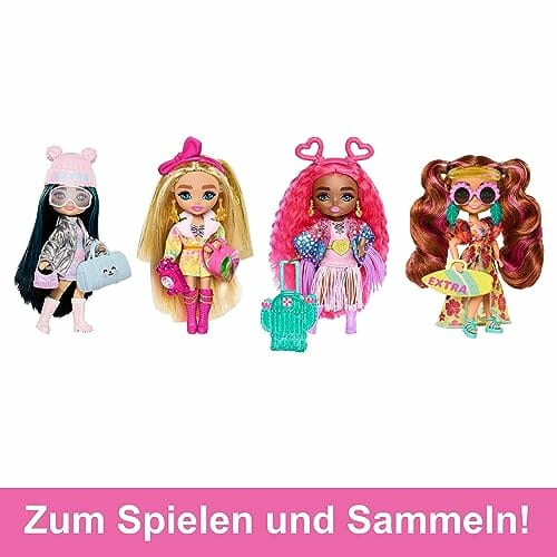 BARBIE Extra Minis - Reisepuppe mit tropischem Badeanzug, Sarong und Accessoires wie Surfbrett-Tasche, Muschel-Sonnenbrille und Palmenblätterohrringen, für Kinder ab 6 Jahren, HPB18 - obrazek 4