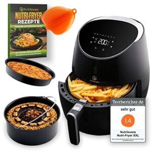 NUTRI-FRYER Heißluftfritteuse XXL [2000W] 5.0L Power Airfryer Groß - Filter Cool Touch, Digital Touchscreen Timer | Pommes Fritteuse ohne Fett & Öl | Pizzablech + Barrel + Rezeptbuch (Schwarz)