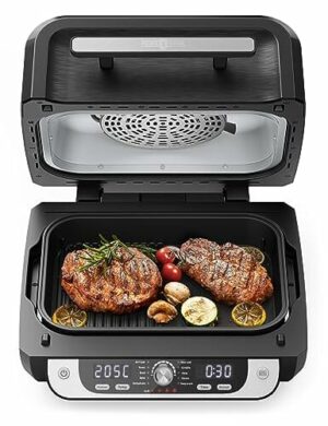 PARIS RHÔNE Kontaktgrill & Heißluftfritteuse, Indoor Grill und Air Fryer Combo Elektro Innenbereich Grill Rauchlos,12-in-1 für Grill, Slow Cook, Broil, Backen, Crisp, Braten, Dehydrat
