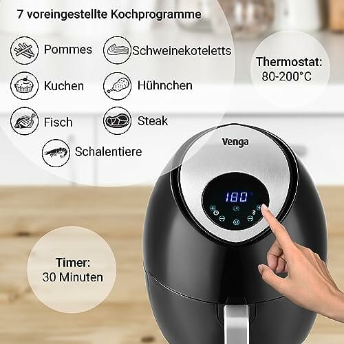 Venga! Heißluft Fritteuse, 4,5 Liter, mit digitalem Timer und regelbarer Temperatur (80-200°C), 7 voreingestellte Menüs, 1 500 W, Schwarz, VG AFT 3006 - obrazek 3