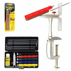 Lansky Deluxe zestaw szlifierski, profesjonalna ostrzałka do noży z 5 kamieniami szlifierskimi i pomocnikiem kątowym + montaż na stole + skórzany kamień szlifierski Deluxe + zacisk Super C + skórzany kamień szlifierski