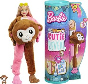 Lalka Barbie HKR01 Cutie Reveal z Małpką i 10 Niespodziankami!