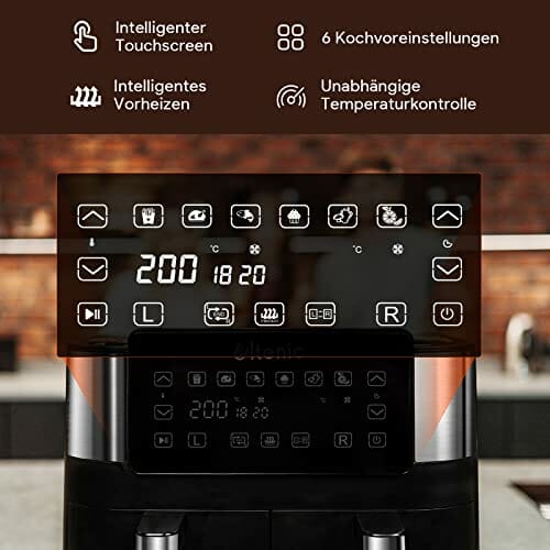Ultenic K20 Heißluftfritteuse mit Doppelkammer, 7.6 L Airfryer mit 2 Körben, 6 Vorgestellten Programmen, Air Fryer mit Online-Rezepten, Touchscreen, BPA PFOA freier Antihaft-Korb, 2850W, Schwarz - obrazek 7