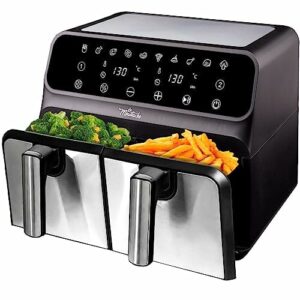 La Moustache - 8L Ölfreie Fritteuse - Digitale Heißluftfritteuse mit 2 Separaten Körben - 10 Programme, Timer, Antihaftbeschichtete Roste - 3-in-1 - Frittieren, Grillen & Erhitzen (Grau)