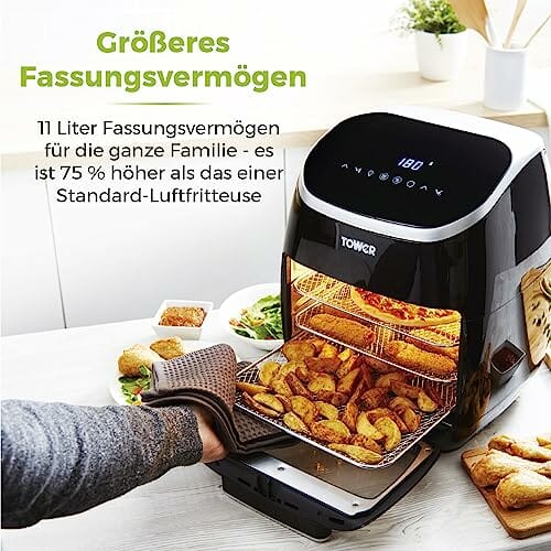 Tower T17039 Xpress Pro 5-in-1 Digitale Heißluftfritteuse mit Schneller Luftzirkulation, 60-Minuten-Timer - Airfryer Heißluftfritteuse XXL 11 l - 2000W - Schwarz - obrazek 5