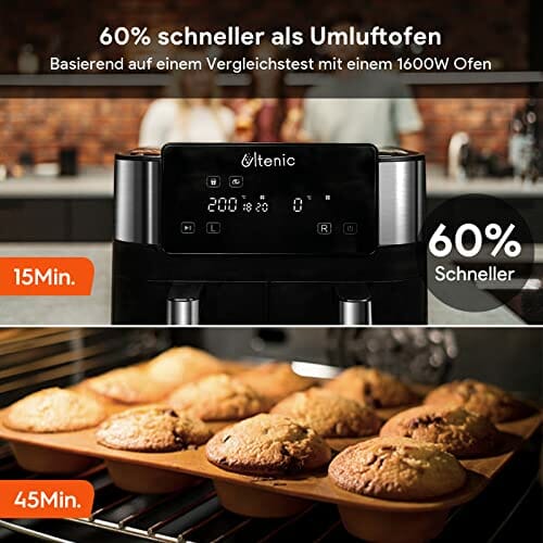 Ultenic K20 Heißluftfritteuse mit Doppelkammer, 7.6 L Airfryer mit 2 Körben, 6 Vorgestellten Programmen, Air Fryer mit Online-Rezepten, Touchscreen, BPA PFOA freier Antihaft-Korb, 2850W, Schwarz - obrazek 3