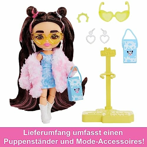 Barbie Extra Mała lalka z brązowymi włosami, dżinsową sukienką i płasz - obrazek 6