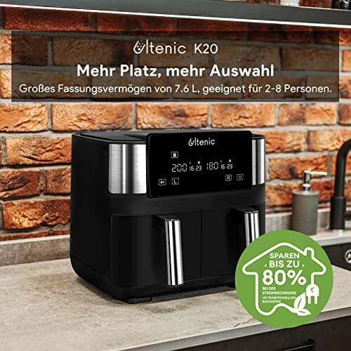 Ultenic K20 Heißluftfritteuse mit Doppelkammer, 7.6 L Airfryer mit 2 Körben, 6 Vorgestellten Programmen, Air Fryer mit Online-Rezepten, Touchscreen, BPA PFOA freier Antihaft-Korb, 2850W, Schwarz - obrazek 6