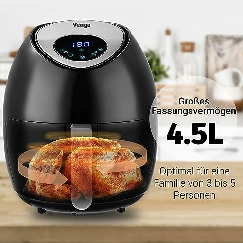 Venga! Heißluft Fritteuse, 4,5 Liter, mit digitalem Timer und regelbarer Temperatur (80-200°C), 7 voreingestellte Menüs, 1 500 W, Schwarz, VG AFT 3006 - obrazek 4